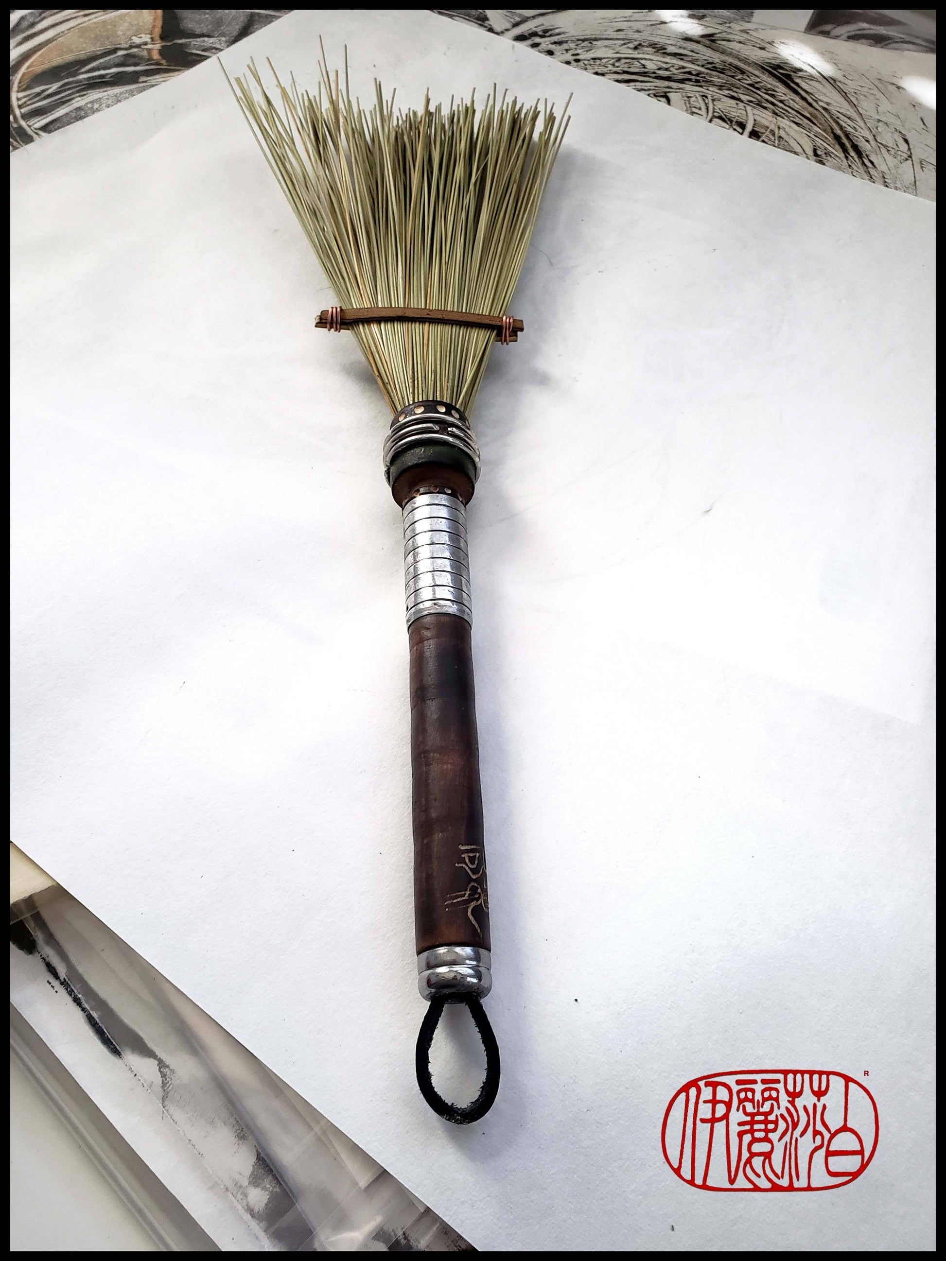 African Fiber Fan Paint Brush with Vintage Quill Bobbin Spool Handle Art Supplies Elizabeth Schowachert Art