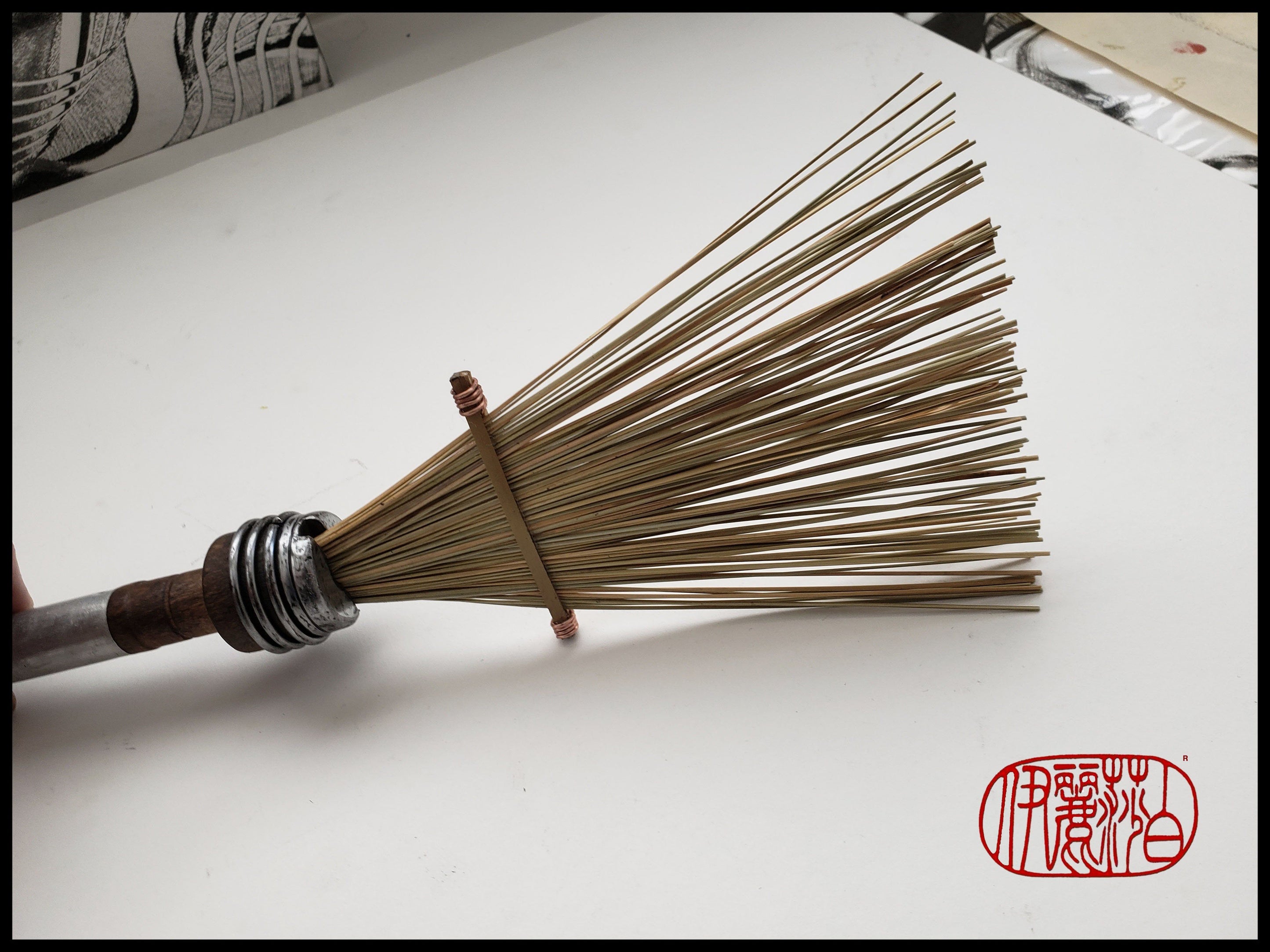 African Fiber Fan Paint Brush with Vintage Quill Bobbin Spool Handle