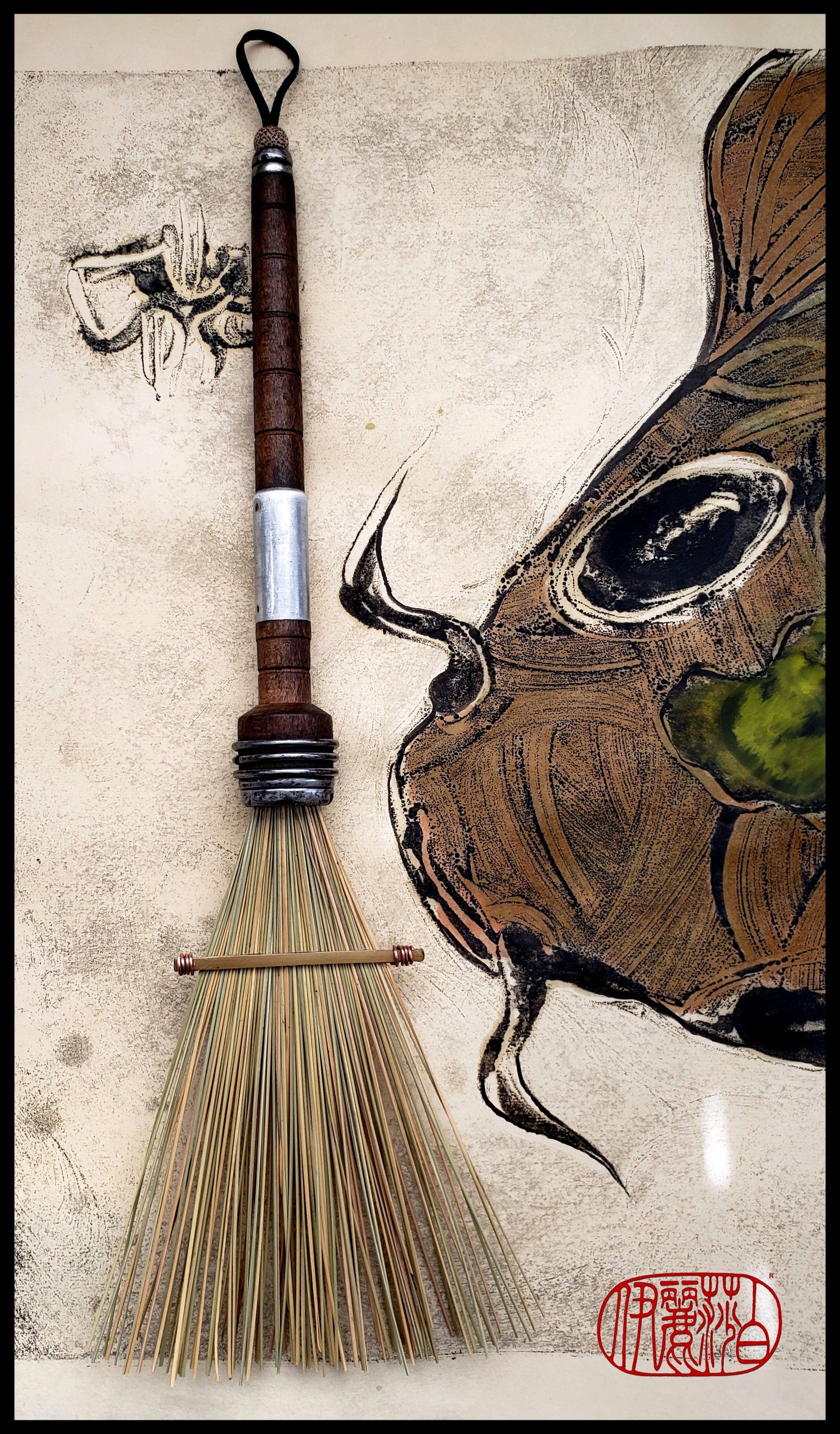 African Fiber Fan Paint Brush with Vintage Quill Bobbin Spool Handle