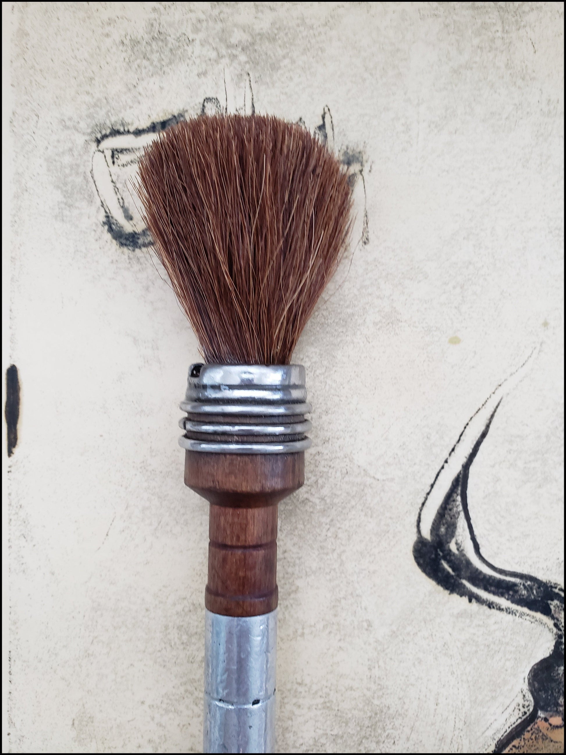 Course Dark Auburn Horsehair Paint Brush with Antique Wood Bobbin Spool Handle - Elizabeth Schowachert Art