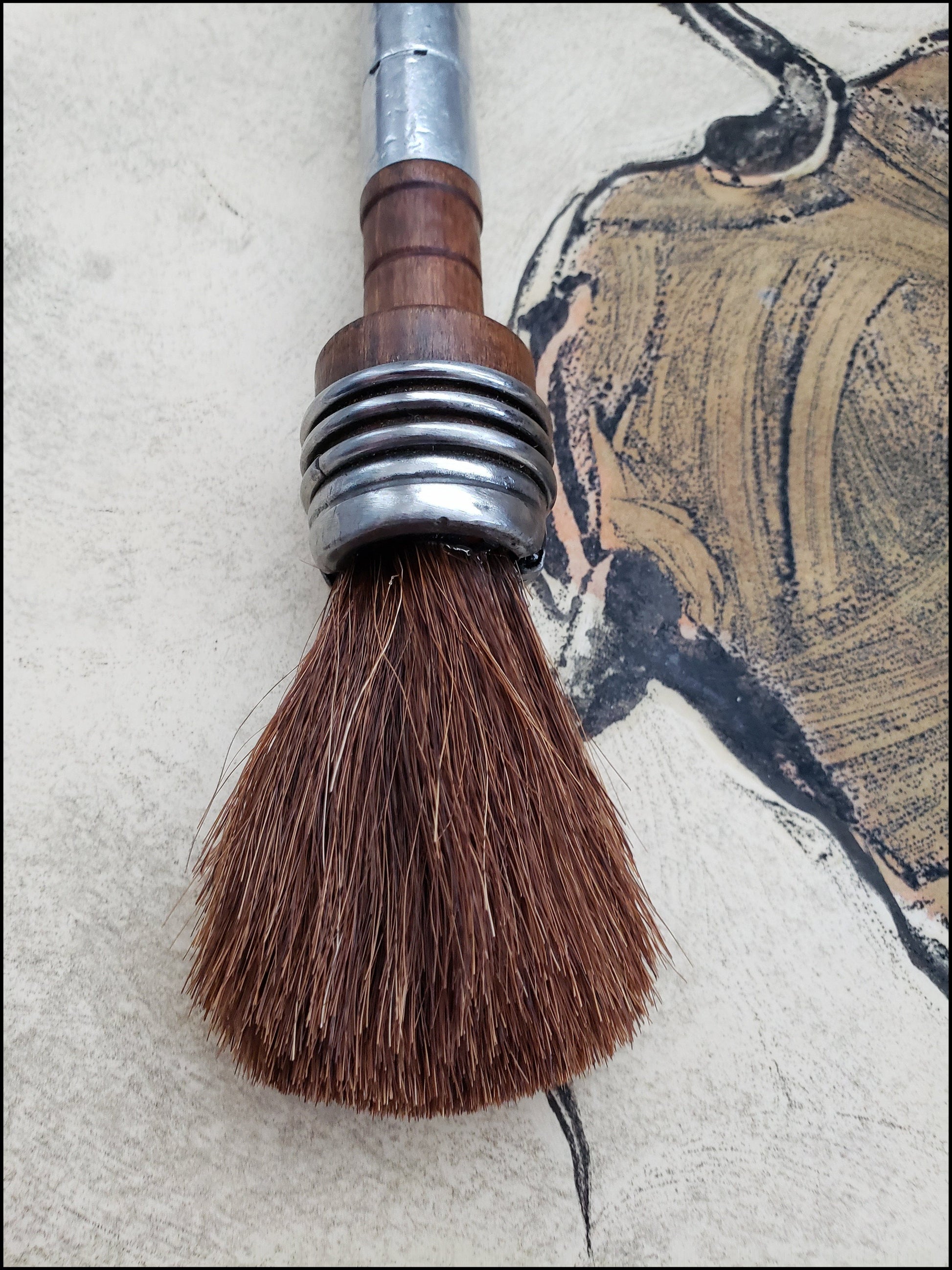 Course Dark Auburn Horsehair Paint Brush with Antique Wood Bobbin Spool Handle - Elizabeth Schowachert Art
