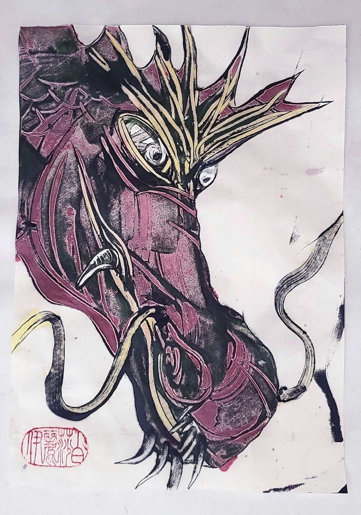 Hand-Colored "Red Dragon" Encaustic Monotype Original 13.5"X10" Fine Art Elizabeth Schowachert Art