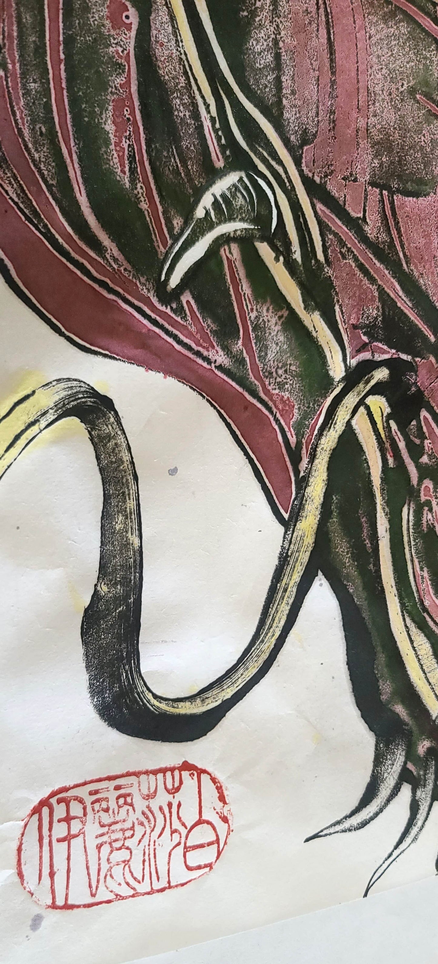 Hand-Colored "Red Dragon" Encaustic Monotype Original 13.5"X10" Fine Art Elizabeth Schowachert Art