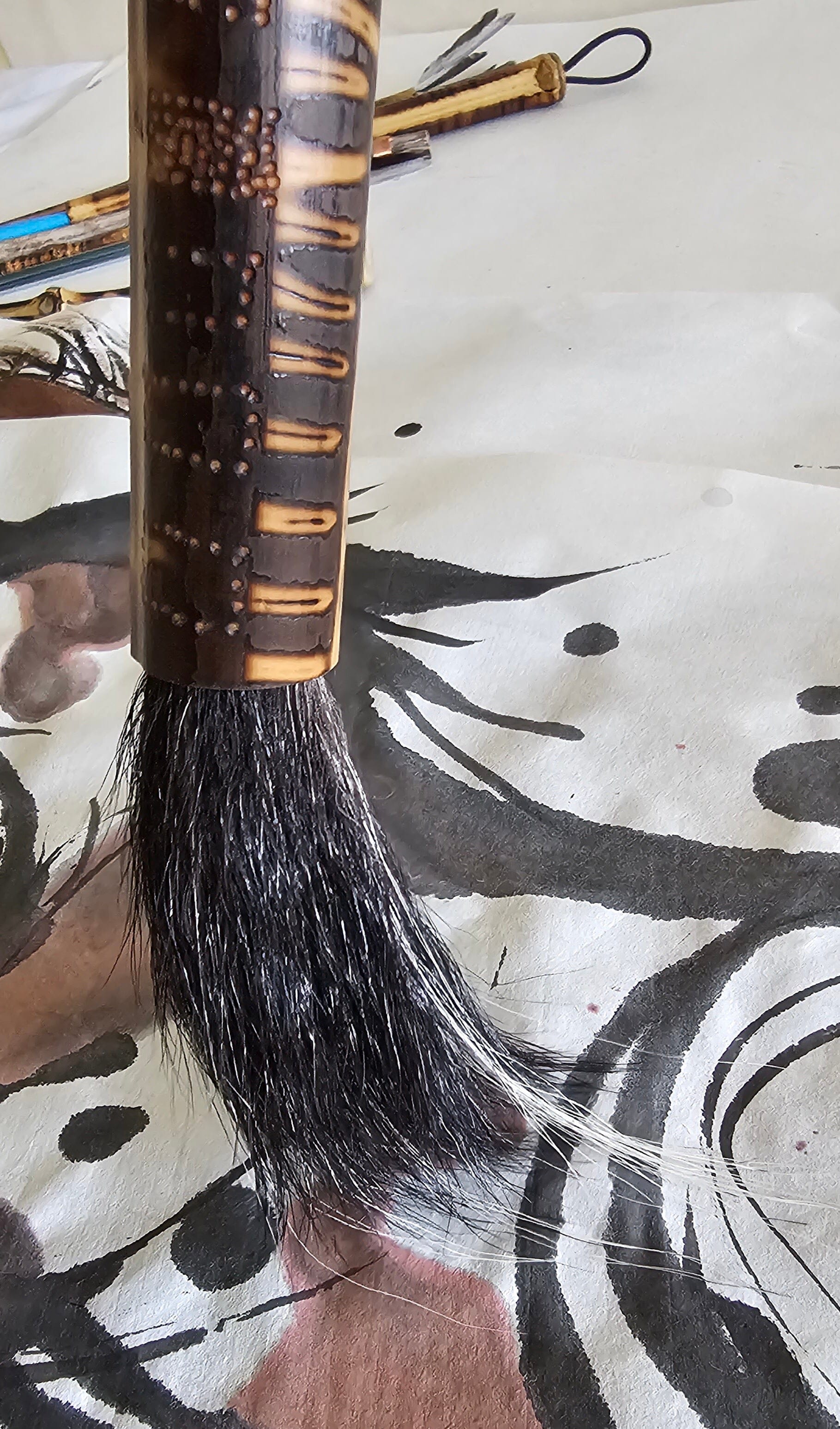 African Fiber Fan Paint Brush with Vintage Quill Bobbin Spool Handle