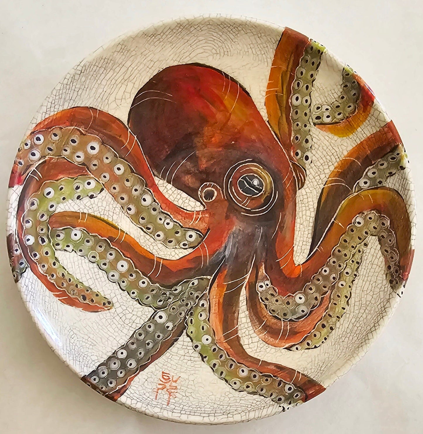 Octopus Sgraffito Decorative Bowl with Crackle Finish stoneware bowl Elizabeth Schowachert Art