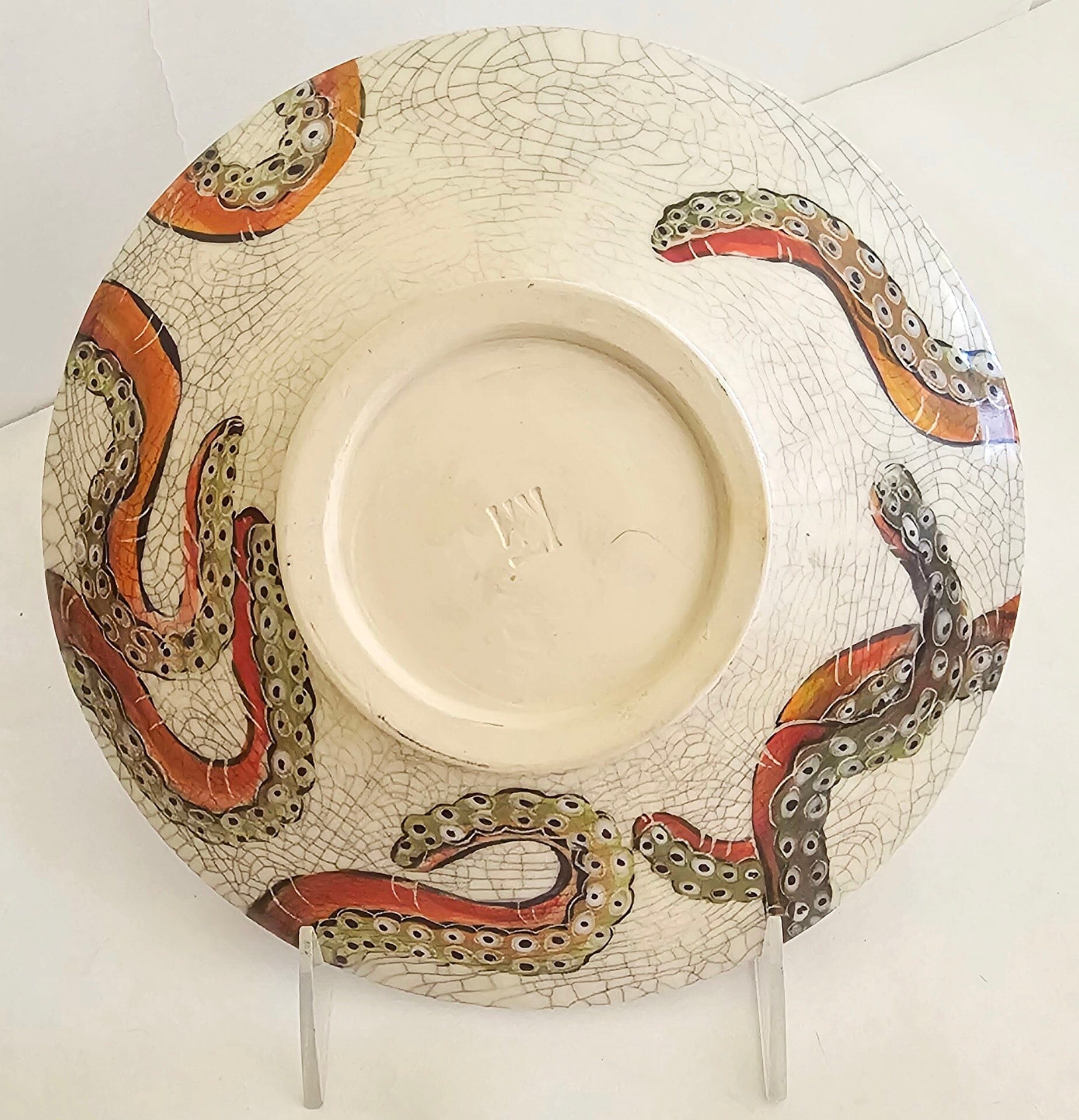 Octopus Sgraffito Decorative Bowl with Crackle Finish stoneware bowl Elizabeth Schowachert Art