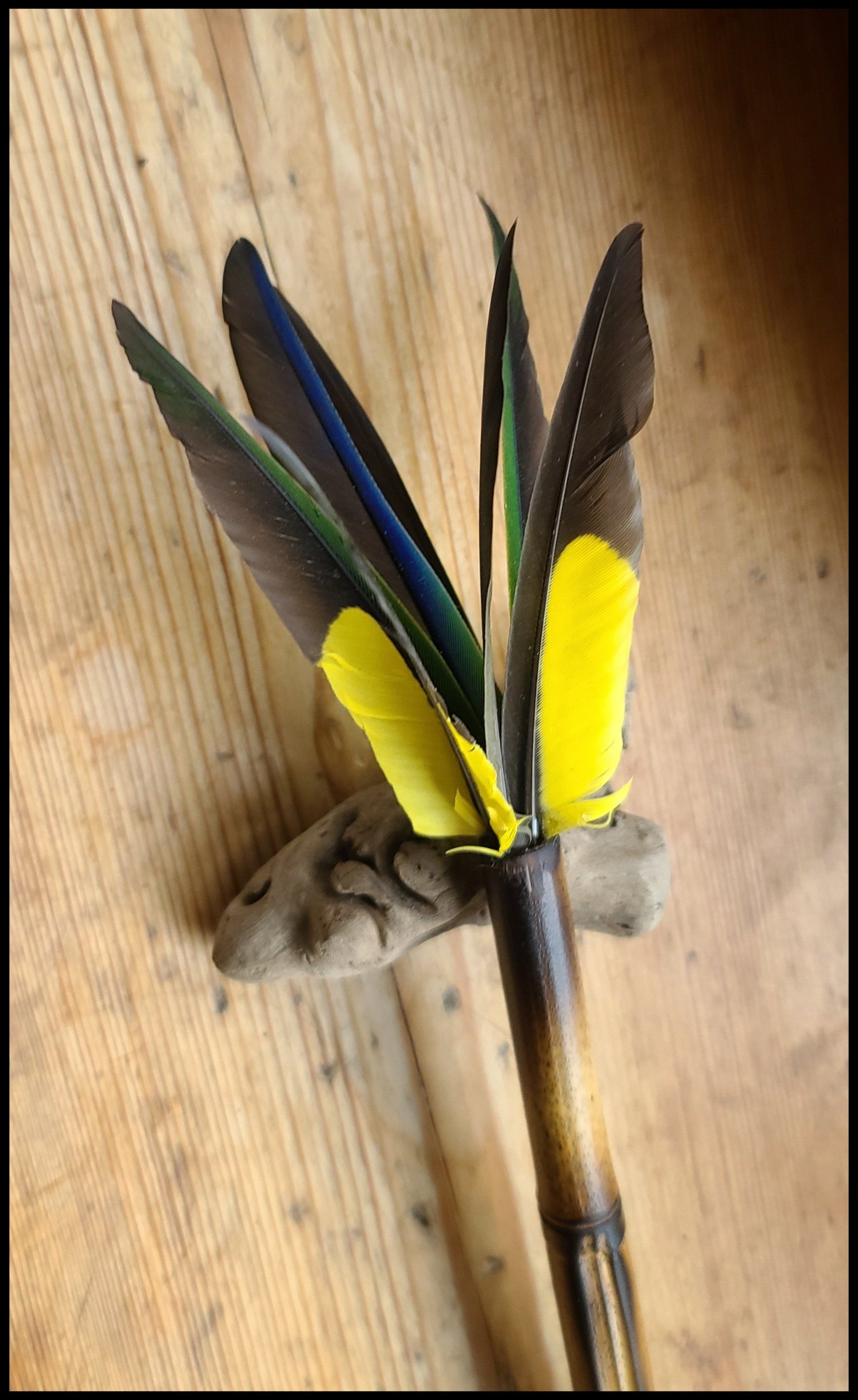 Yellow and Green Parrot Feather Paintbrush with Bamboo Handle Art Supplies Elizabeth Schowachert Art
